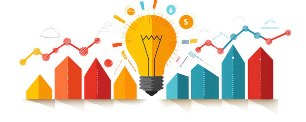 Poster - A light bulb is surrounded by a series of colorful buildings and graphs. Concept of innovation and progress, with the light bulb representing a new idea or solution