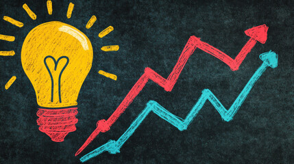 Poster - A light bulb is drawn on a chalkboard with a red and blue line underneath it. Concept of a bright idea or a new concept