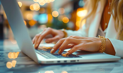 Poster - woman typing on laptop keyboard, internet surfing, global online network, business work, closeup han