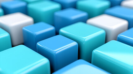 Aufkleber - Close-up of glossy blue and white cubes arranged in a patterned mosaic on a flat surface, showcasing depth and reflections