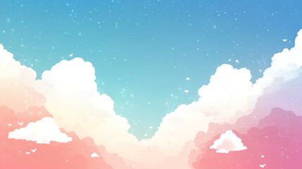 A colorful sky with clouds and stars. The sky is blue and pink, and the clouds are white. The stars are scattered throughout the sky, creating a sense of wonder and awe