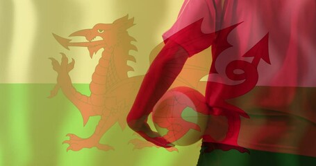 Poster - Animation of flag of wales over biracial female rugby player holding ball