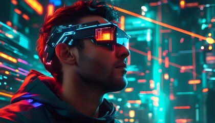 Futuristic man’s profile illuminated by vibrant digital overlays, embodying modern technology, innovation, and a cybernetic atmosphere