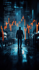 Poster - A man is walking down a city street at night. The street is lit up with neon lights and the man is the only person in the scene. Scene is lonely and isolated