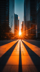 Wall Mural - A city street with a sun shining on it. The sun is casting a shadow on the ground