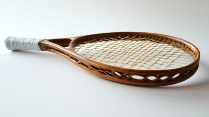 Wooden Tennis Racket with Intricate Design and White Grip