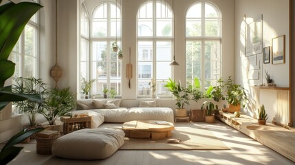 Sticker - A bright, open living space with large windows, a comfortable sofa, and natural elements like plants and wood for a relaxed atmosphere.