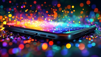 Vibrant glowing smartphone surrounded by bright bokeh lights on a dark backdrop, highlighting the fusion of modern technology and digital connectivity.