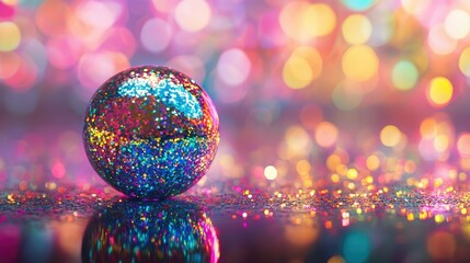 A colorful ball covered in sparkling glitter, placed on a glossy reflective surface, radiating vibrant hues and shimmering brilliance