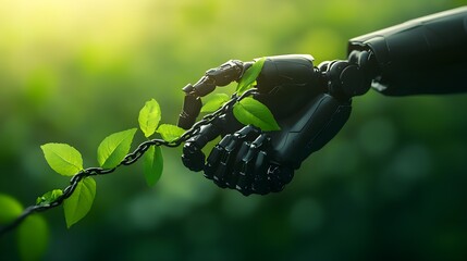 A robot's limbs restricted by chains that slowly transform into living vines, representing the merging of law and accountability focus on, evolution of ethics, realistic, composite, legal library back