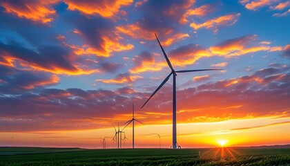 Vibrant sunset over wind turbines, showcasing renewable energy transformation against a backdrop of colorful clouds and sustainable technology