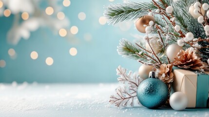 Wall Mural - Holiday-themed branches with Christmas decorations and a blurred bokeh background for a New Year greeting card.