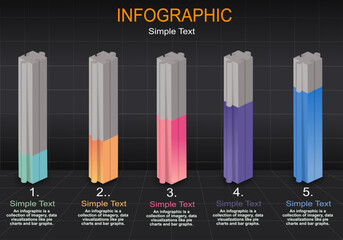 Poster - modern style vector infographic with 5 consecutive stable bar graphs with grey frame showing increas