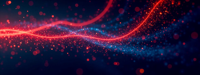 Poster - Abstract red and blue dynamic wave pattern, flowing particles on dark background, vibrant energy motion concept, digital wallpaper design, futuristic light effect