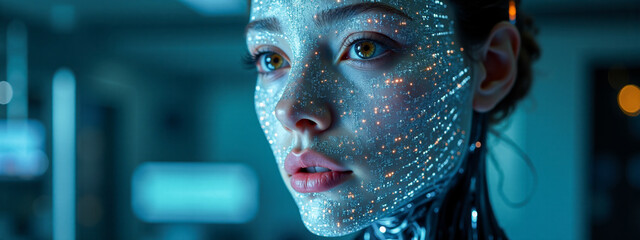 Poster - robotic woman face with glowing digital patterns, representing artificial intelligence and future technology. human-robot interaction, futuristic design, innovation, and advanced AI in modern science
