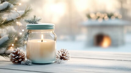 Wall Mural - Glass jar with candle and snow, background decorated with a Christmas tree and festive garland, perfect for a New Year holiday greeting card.