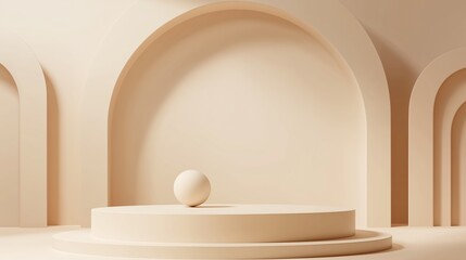 Poster - minimalist indoor space featuring a sphere centered on a circular platform with curved archways and 