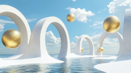 Canvas Print - Artistic 3D render of an abstract beach with geometric arches and golden balls floating in a blue sky.