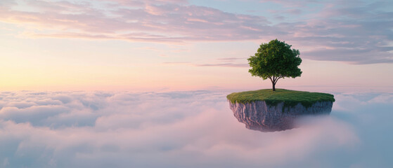 A serene floating island featuring a lush tree atop, surrounded by soft clouds and a pastel sunset sky.