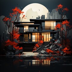 Wall Mural - Minimalist Vector Illustration of a House with Dark and Red Accents