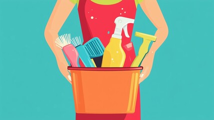 A person holding a bucket filled with cleaning supplies, preparing to clean a home on a bright, cheerful day