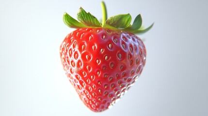 Poster - A Single Ripe Strawberry with Green Leaves Against a White Background