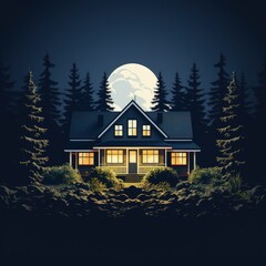 Wall Mural - Minimalistic Vector Illustration of a Modern House in Flat Style with Dark Palette