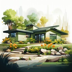 Wall Mural - Minimalistic Flat Style Vector Illustration of a Light and Green House Design