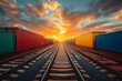 © Areeya - freight train with containers, railway at sunset