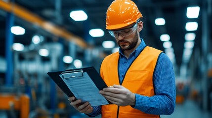 inspector with a checklist examining products on a busy manufacturing line detailed view of the inspector and checklist with products in the foreground manufacturing machinery and