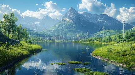 Wall Mural - Photorealistic image of a futuristic city powered by renewable energy sources like wind turbines and solar panels highlighting the importance of environmental science