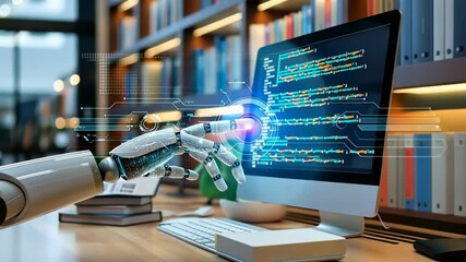 A robotic hand interacting with computer code