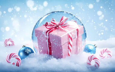 Sticker - Christmas winter transparent snow glass ball. Pink Christmas gift box with realistic 3D design in snow, candy canes, blue ball decoration baubles.