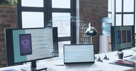 Poster - Animation of binary coding, globe and data processing over computers on desks in office