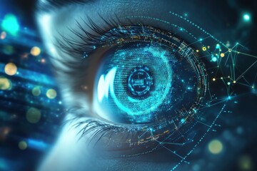 Poster - Futuristic eye with digital elements reflecting data and technology concepts in a vibrant, cyber-inspired visual theme.