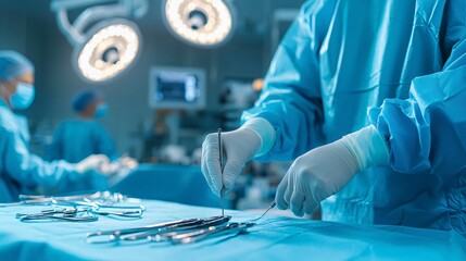 Closeup of surgeon's gloved hand holding surgical instruments.