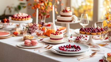 Wall Mural - A vibrant Thanksgiving dessert table with colorful macarons and autumnal treats in a modern dining room setting