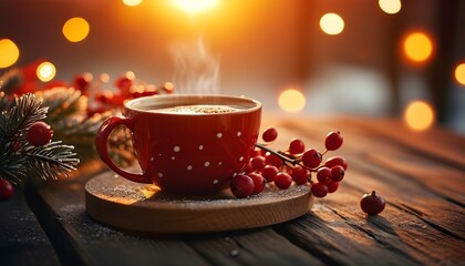 Wall Mural - Festive winter scene with a cozy red coffee cup, holiday lights, and red berries at sunset on a rustic wooden table