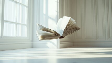 Poster - Open Book Floating in Sunlit Room with White Walls