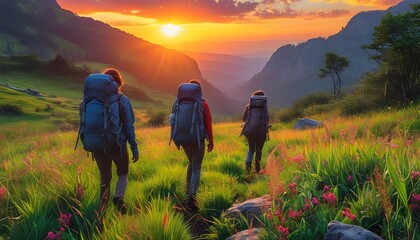 Hikers exploring a vibrant meadow at sunset, immersed in breathtaking scenery and the beauty of nature