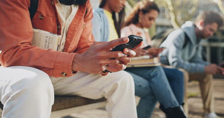 Fototapete - Results, outdoor or hands of man with phone in university for learning application, news or higher education. Closeup, mobile notification or students with academic registration, scholarship or marks