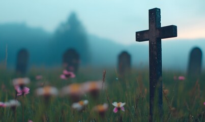 Poster -  a small graveyard in the fiel with flower