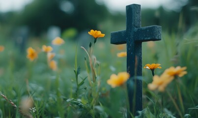 Poster -  a small graveyard in the fiel with flower