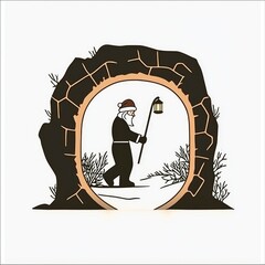 Canvas Print - Silhouette of Santa Claus with a Lantern Walking Through a Stone Archway