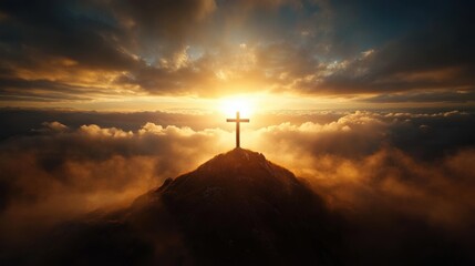 A majestic sunrise behind a cross on a mountain, symbolizing hope and spirituality amidst dramatic clouds.