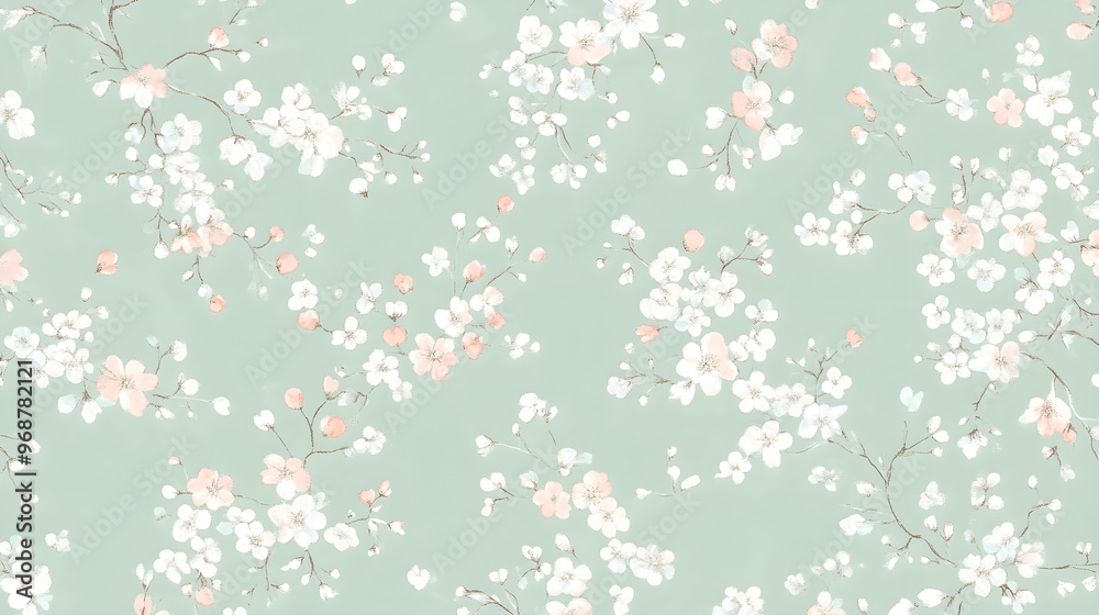 Watercolor Floral Pattern with White and Pink Flowers on a Green ...