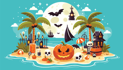 Spooky Halloween beach scene with bats and pumpkins, illustration for holiday decoration