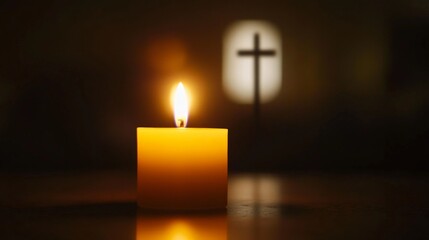 A burning candle in hand with a cross silhouette in the background, horizontal
Concept: faith, spirituality, prayer, light of hope, religious symbol