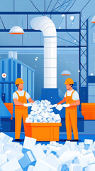 Poster - Two men in orange safety gear are working in a factory. They are surrounded by a pile of white boxes