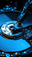 Poster - A close up of a hard drive with a robot arm on it. Concept of technology and innovation